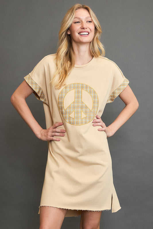 Umgee Peace Plaid Applique Short Sleeve Mini Dress - Classique Collection