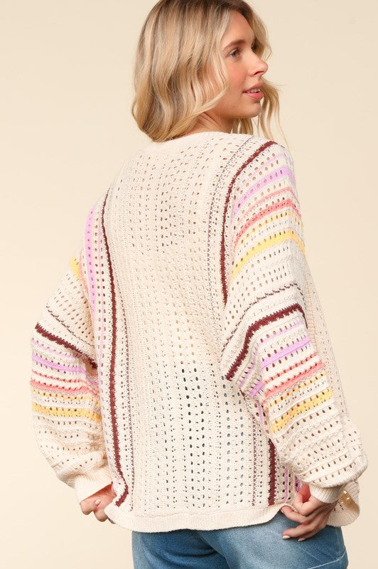 Haptics Full Size Striped Crochet Open Front Cardigan - Classique Collection