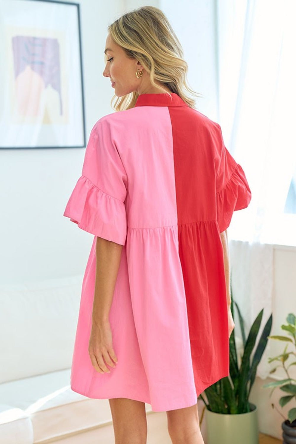 First Love Full Size Color Blocked Button Down Babydoll Dress - ClassiQ
