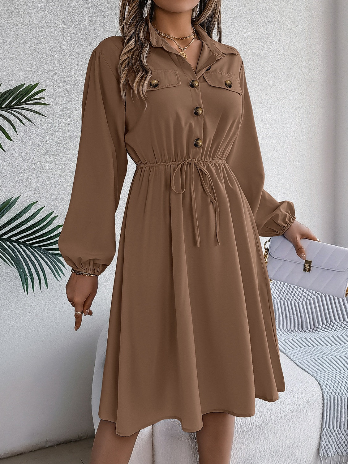 Collared Neck Long Sleeve Dress with Pockets - Classique Collection