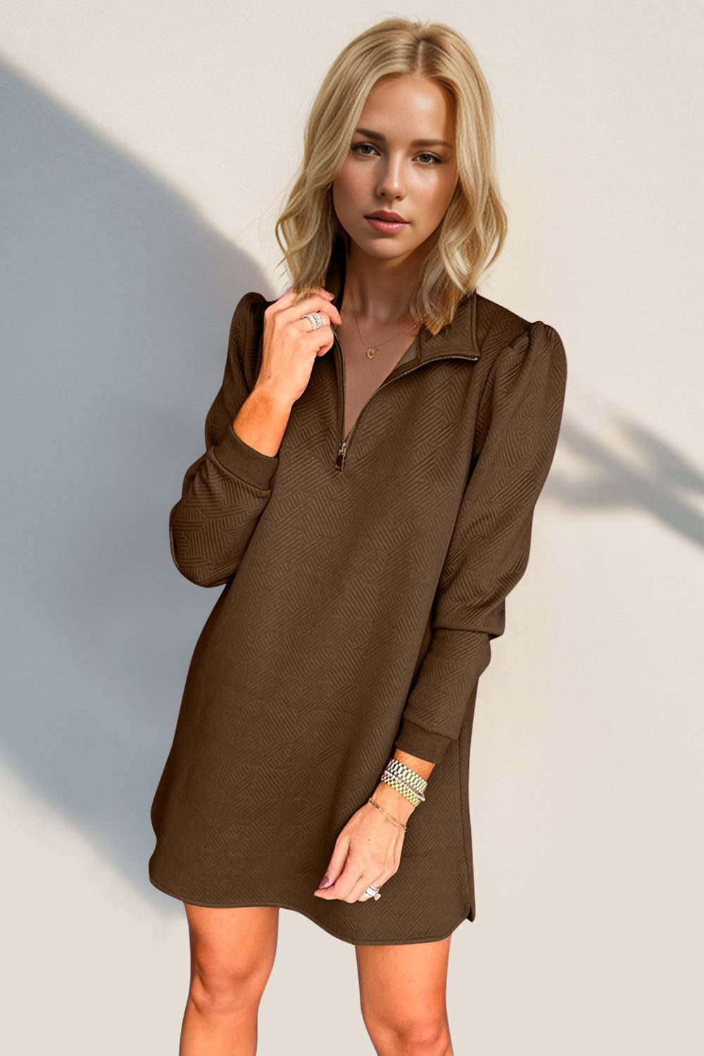 Double Take Textured Quarter Zip Long Sleeve Dress - Classique Collection