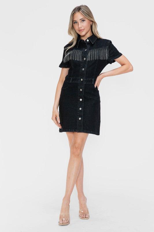 bytos Full Size Embellished Button Down Short Sleeve Denim Dress - Classique Collection