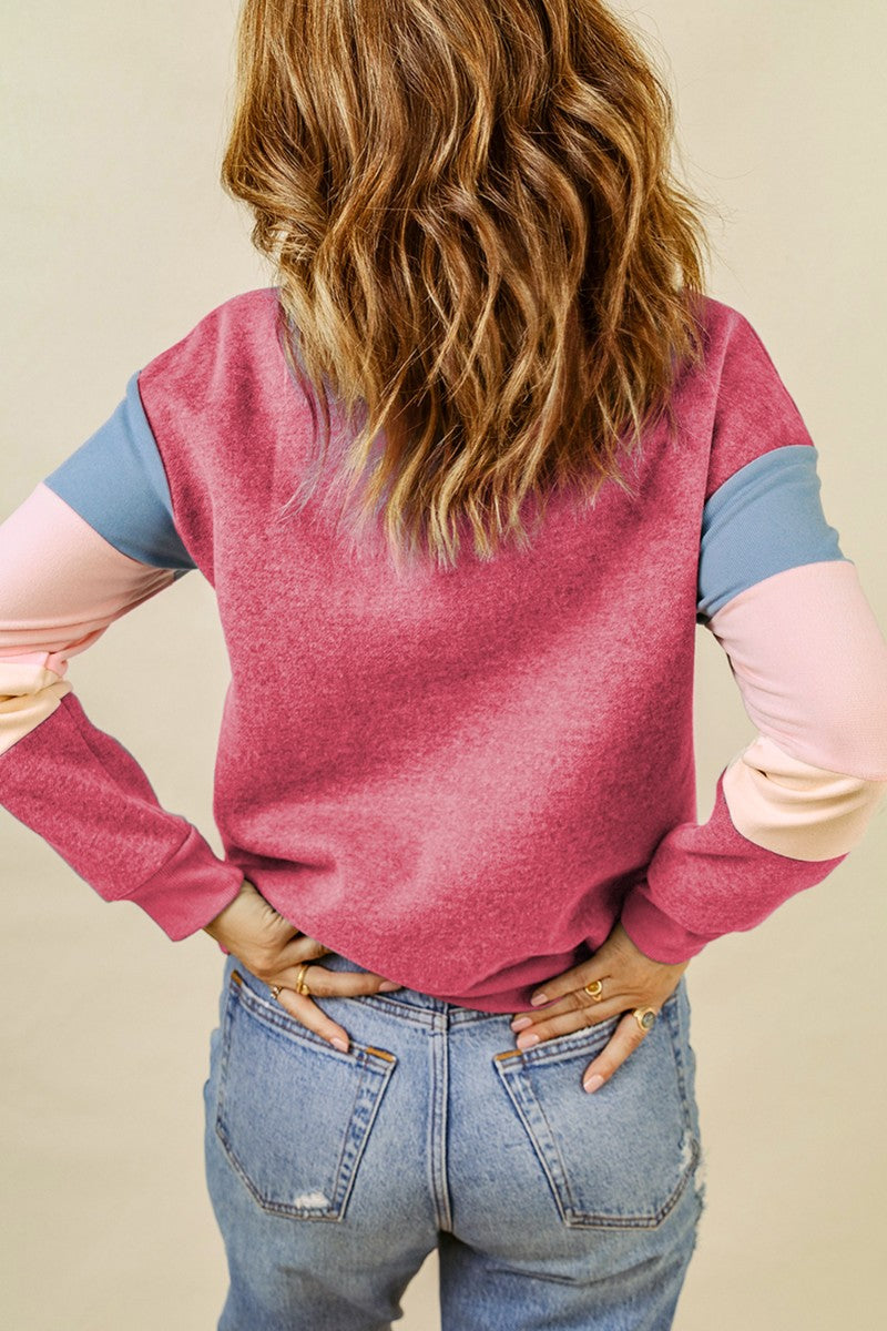 Color Block Round Neck Long Sleeve Sweatshirt - ClassiQ
