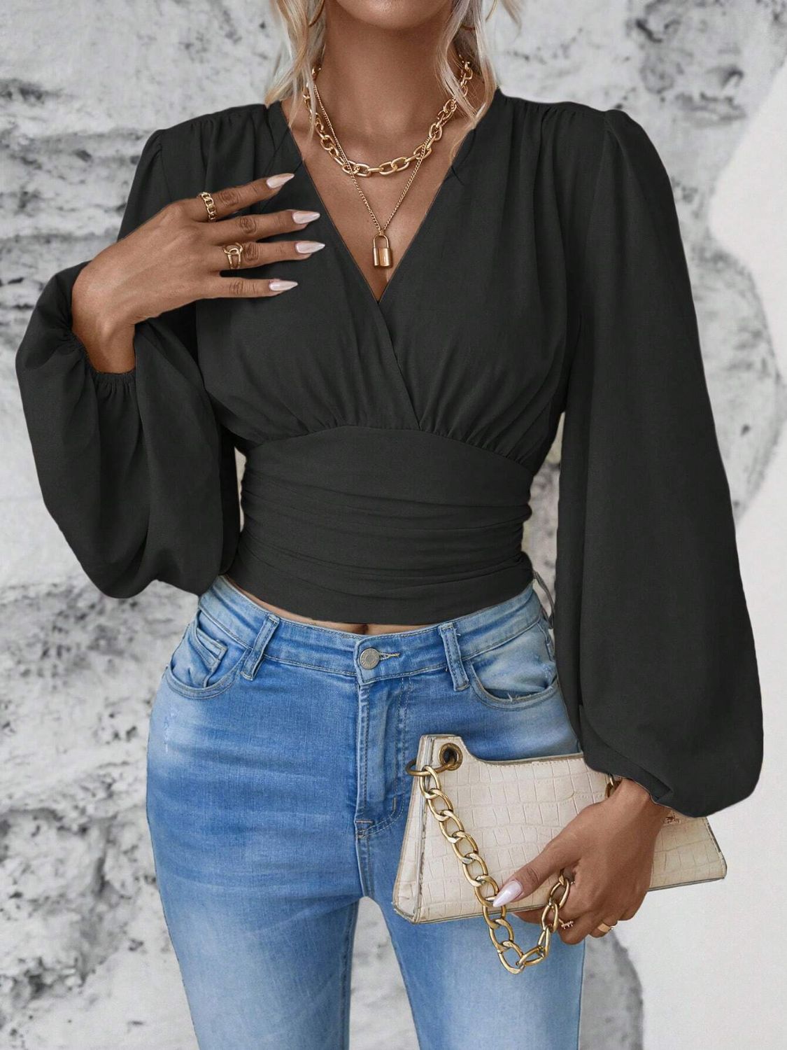 Smocked Surplice Balloon Sleeve Top - Classique Collection