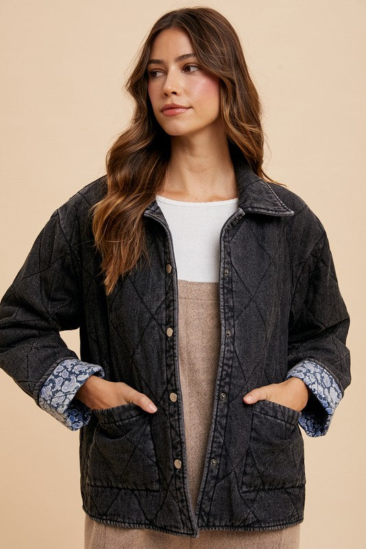 Annie Wear Quilted Printed Lining Snap Down Denim Jacket - ClassiQ