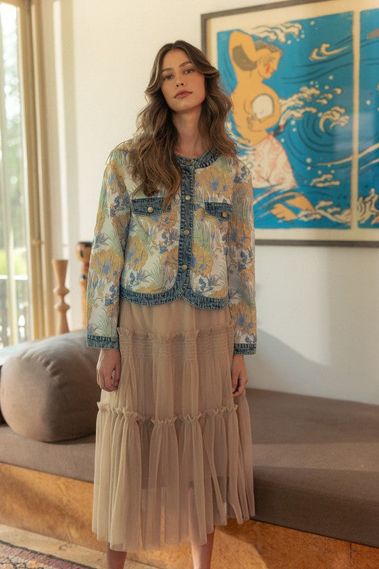 Annie Wear Floral Jacquard Denim Contrast Button Down Jacket - ClassiQ