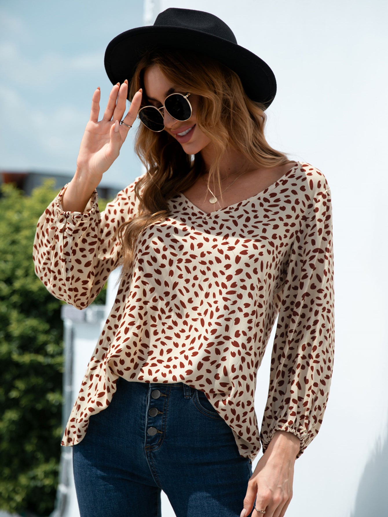 Printed V-Neck Balloon Sleeve Blouse - ClassiQ