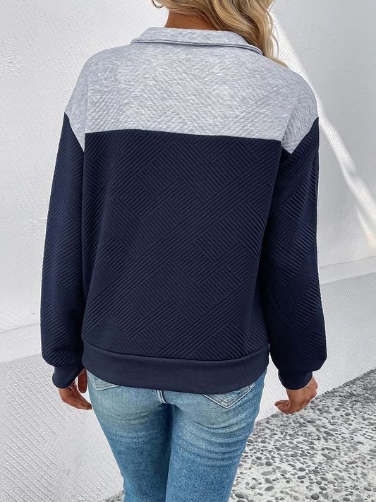 Perfee Textured Contrast Half Button Sweatshirt - Classique Collection