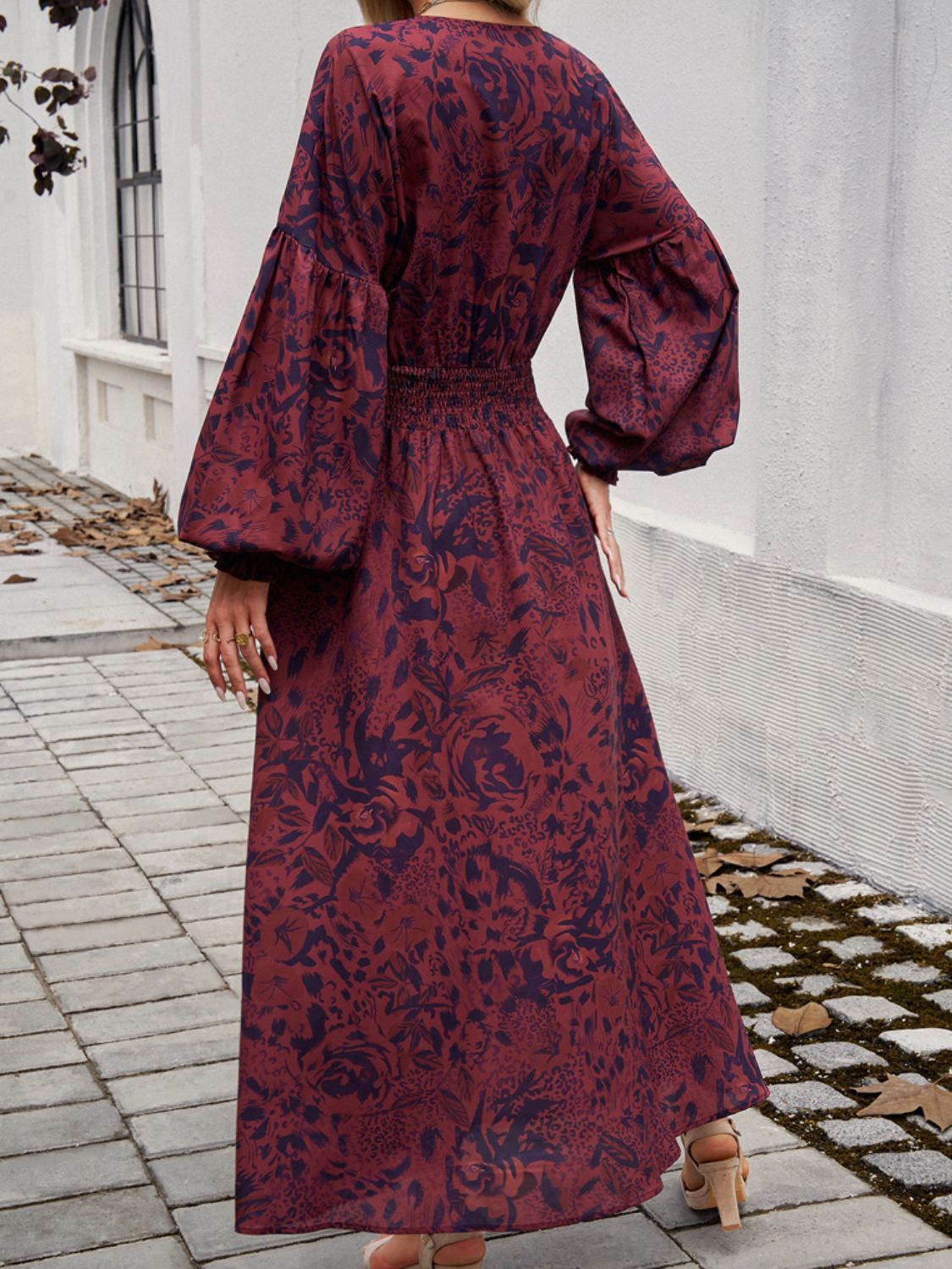 Devine Split Printed Surplice Long Sleeve Midi Dress - Classique Collection