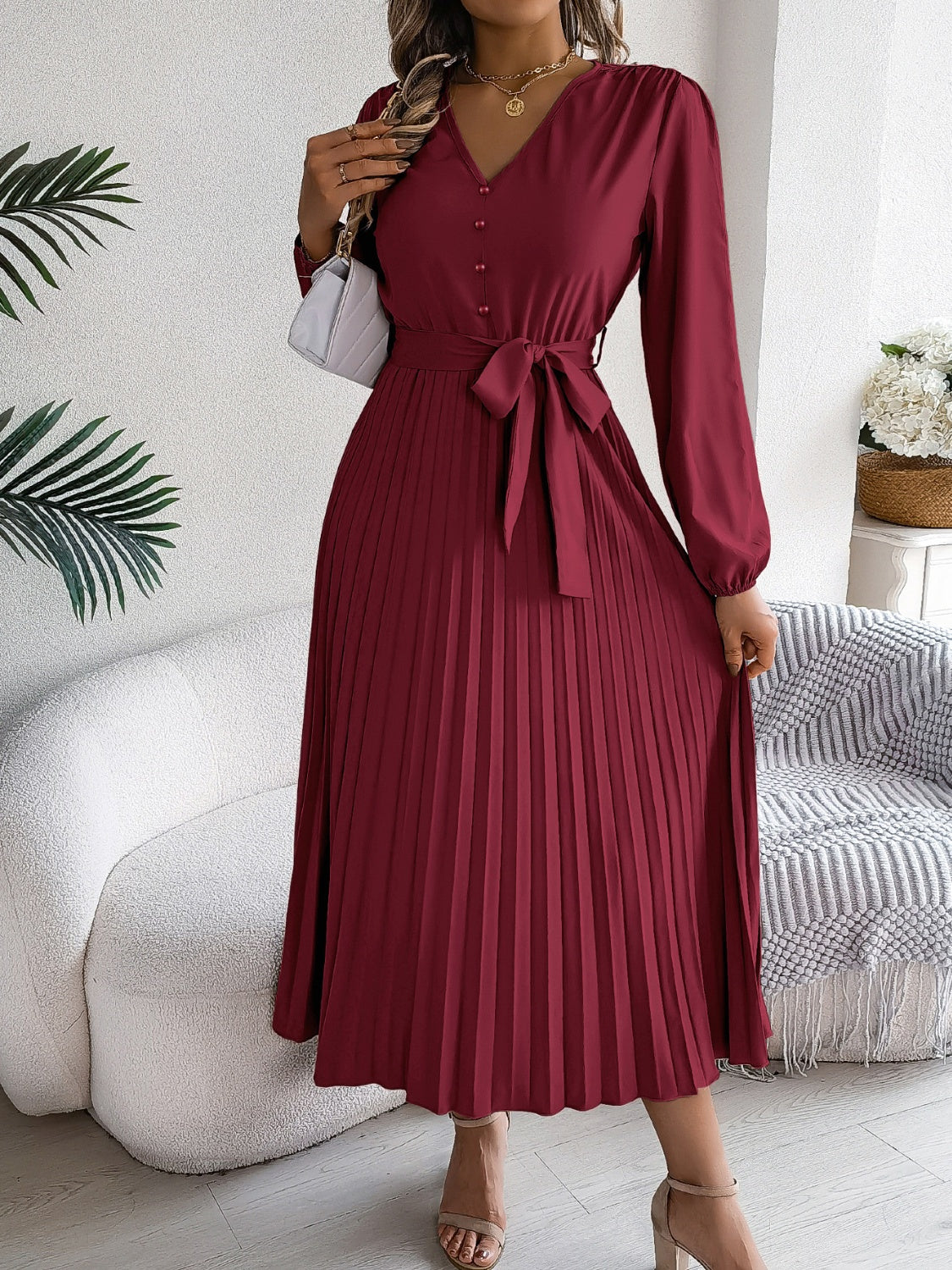 Pleated Tied V-Neck Long Sleeve Dress - Classique Collection