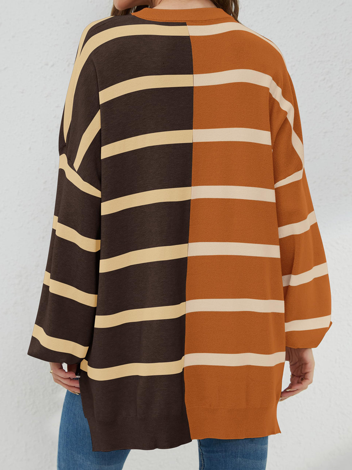 Striped Round Neck Long Sleeve Sweater - ClassiQ
