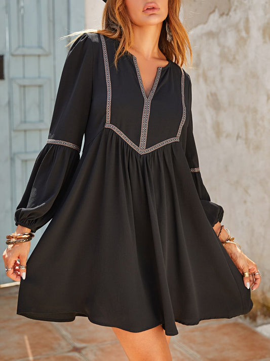 Ruched Notched Long Sleeve Mini Dress - Classique Collection
