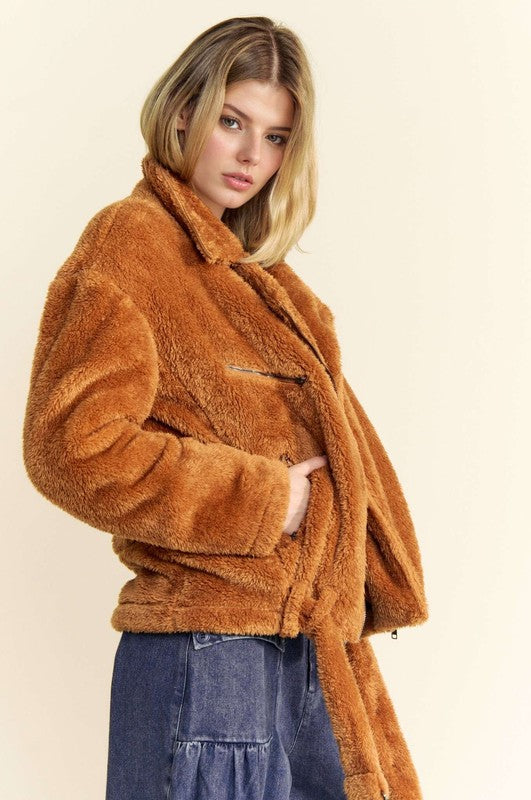 Davi & Dani Fuzzy Zip Up Collared Neck Jacket - Classique Collection