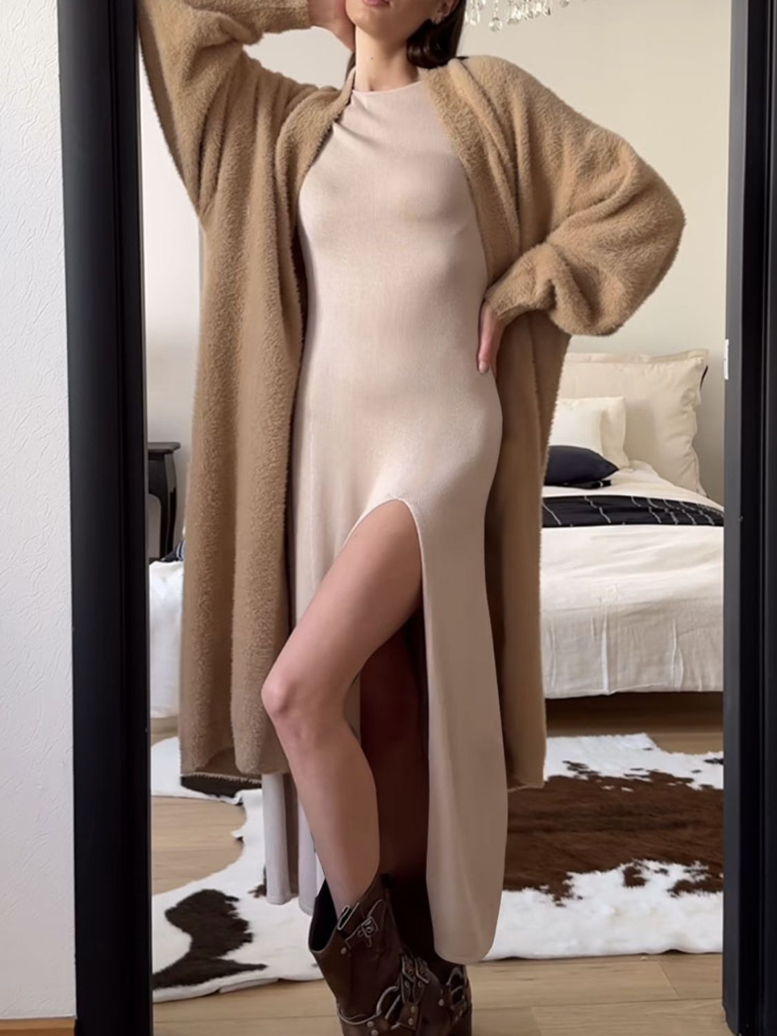 Side Slit Round Neck Long Sleeve Dress - Classique Collection
