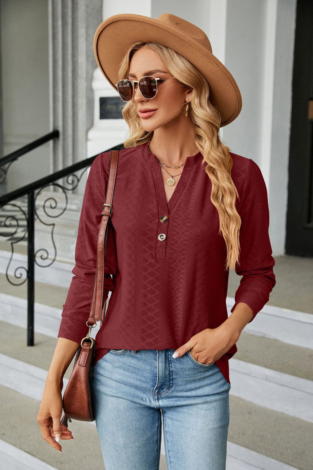Notched Neck Long Sleeve Buttoned Blouse - Classique Collection