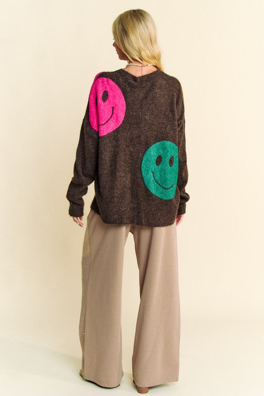 Davi & Dani Contrast Smile Round Neck Oversize Sweater - ClassiQ