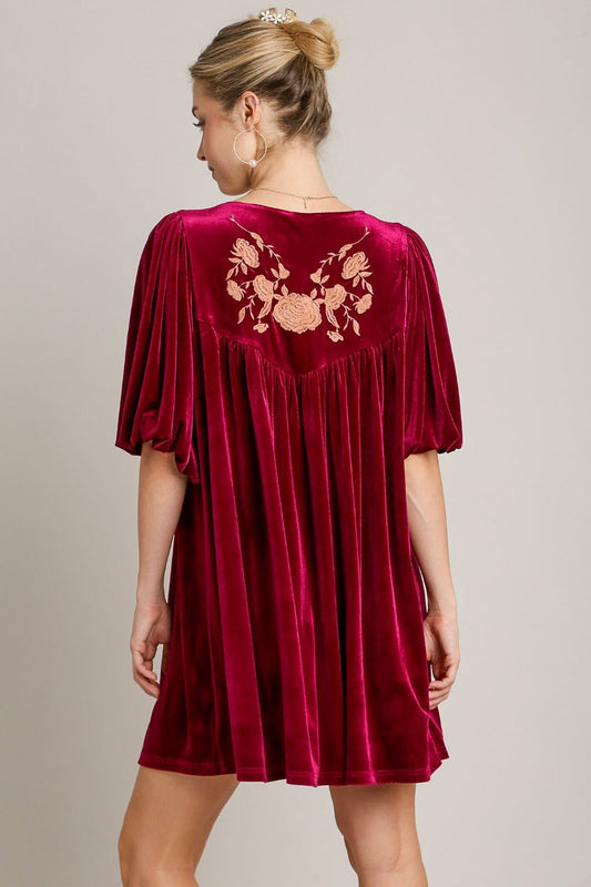 Umgee Embroidered Half Sleeve Velvet Mini Dress with Tassel - Classique Collection