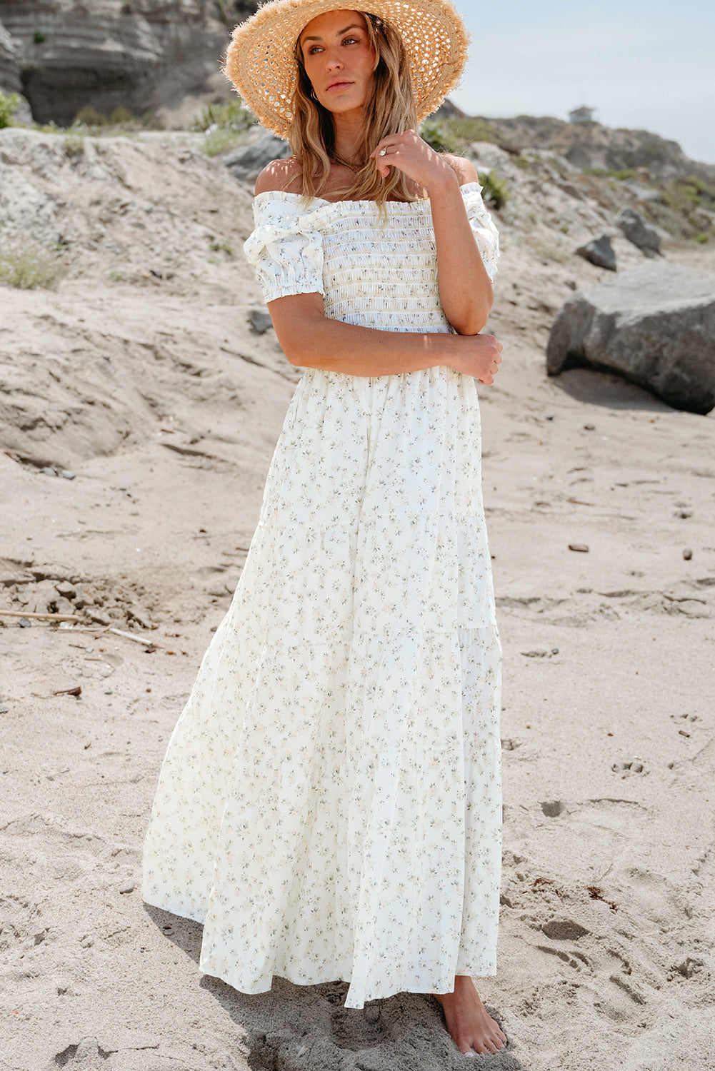 White Frilly Shirred Bodice Tiered Floral Maxi Dress ClassiQ