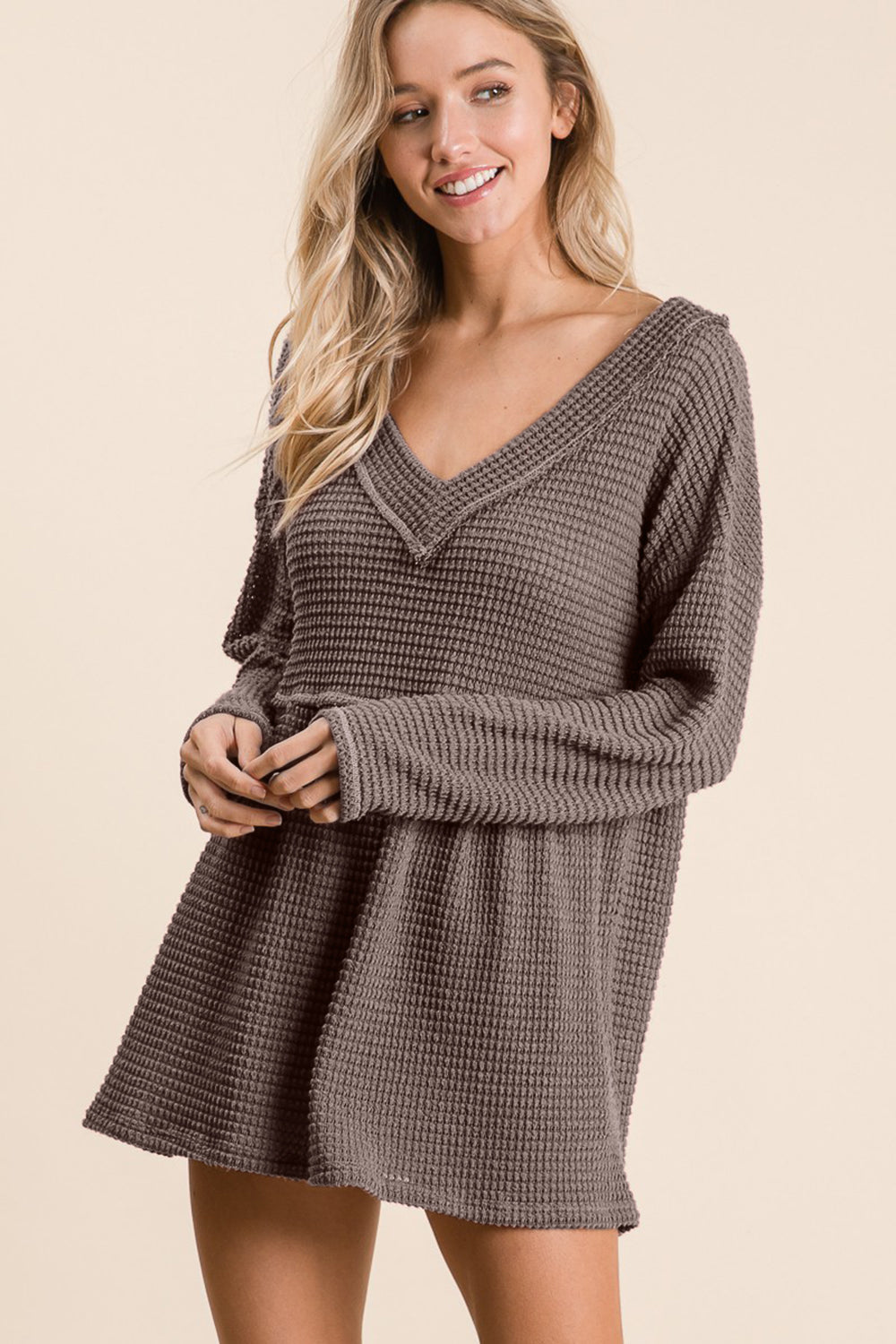 BiBi Waffle Knit V-Neck Babydoll Blouse - Classique Collection