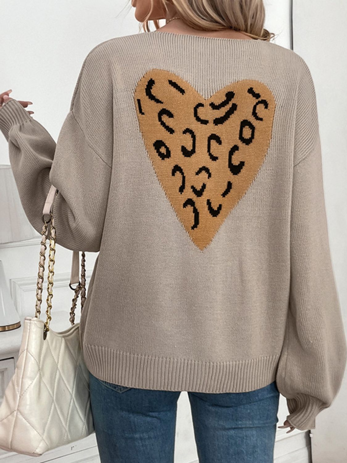 Perfee Tied Contrast Heart V-Neck Long Sleeve Cardigan - ClassiQ