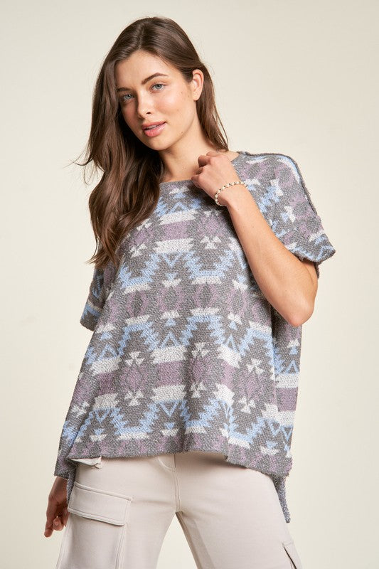 Davi & Dani High-Low Geometric Round Neck Knit Top - Classique Collection