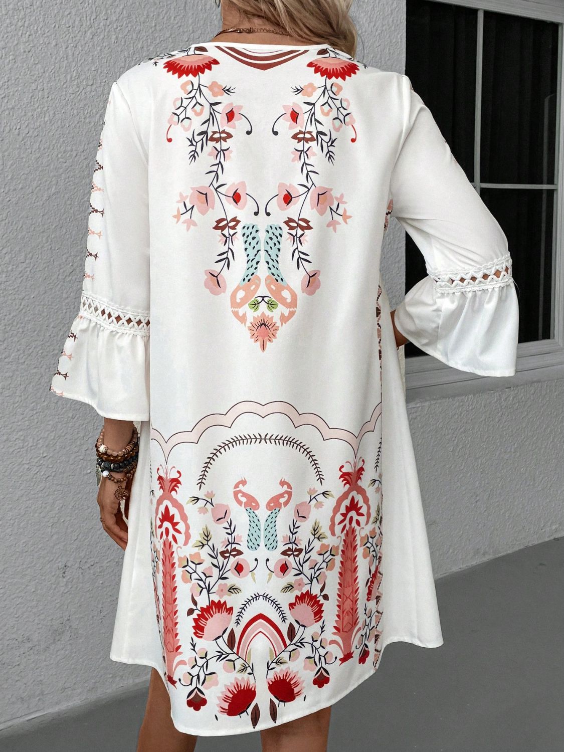 Lace Detail Printed Three-Quarter Sleeve Dress - Classique Collection