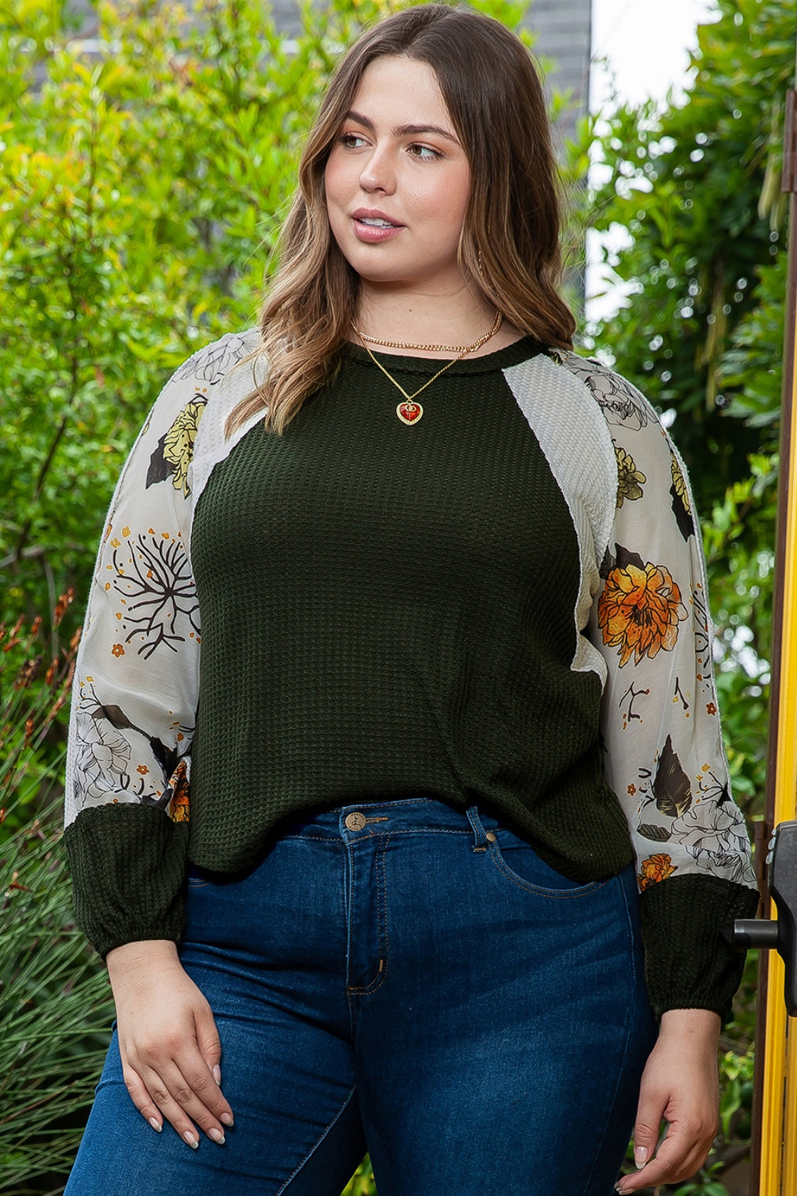 Plus Size Floral Waffle-Knit Round Neck Blouse - Classique Collection