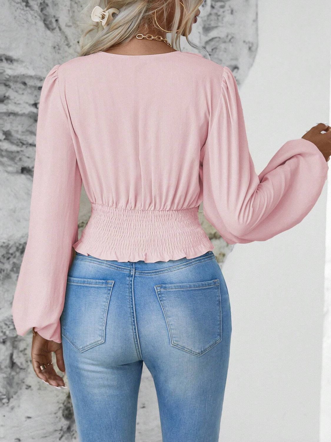 Smocked Surplice Balloon Sleeve Top - Classique Collection