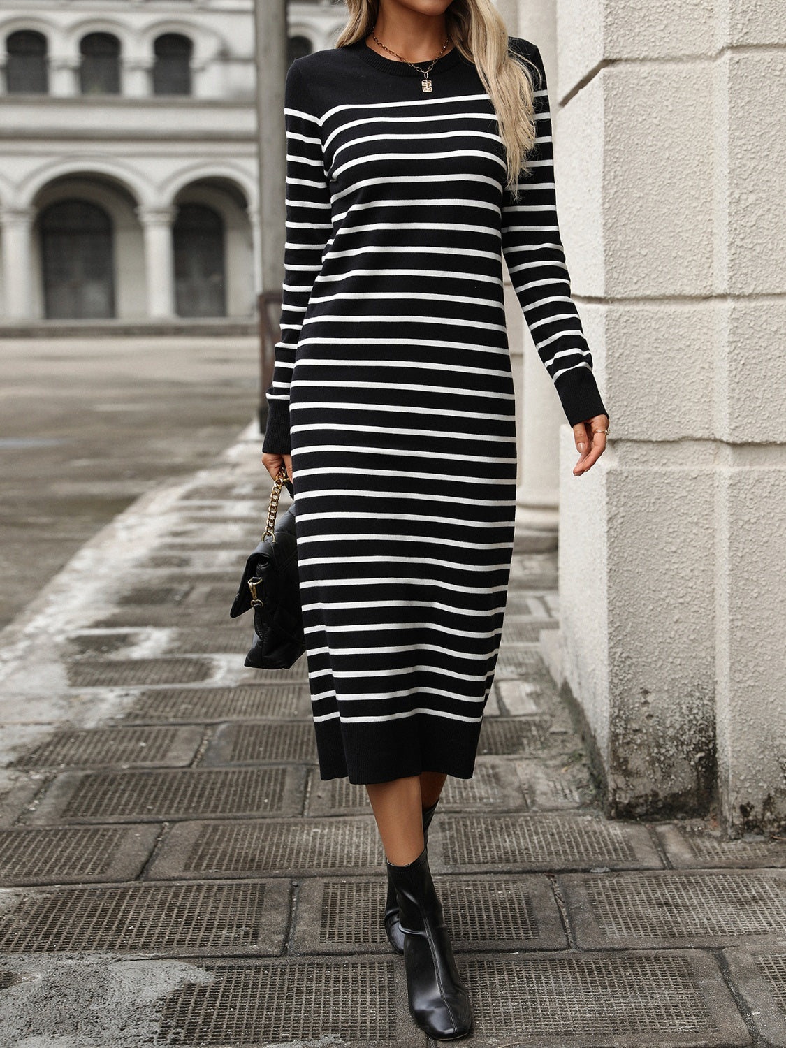 Striped Round Neck Long Sleeve Dress - Classique Collection