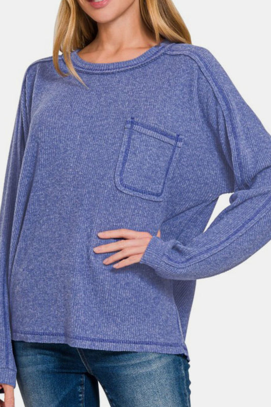 Zenana Full Size Contrast Stitching Brushed Ribbed Hacci Knit Top - Classique Collection