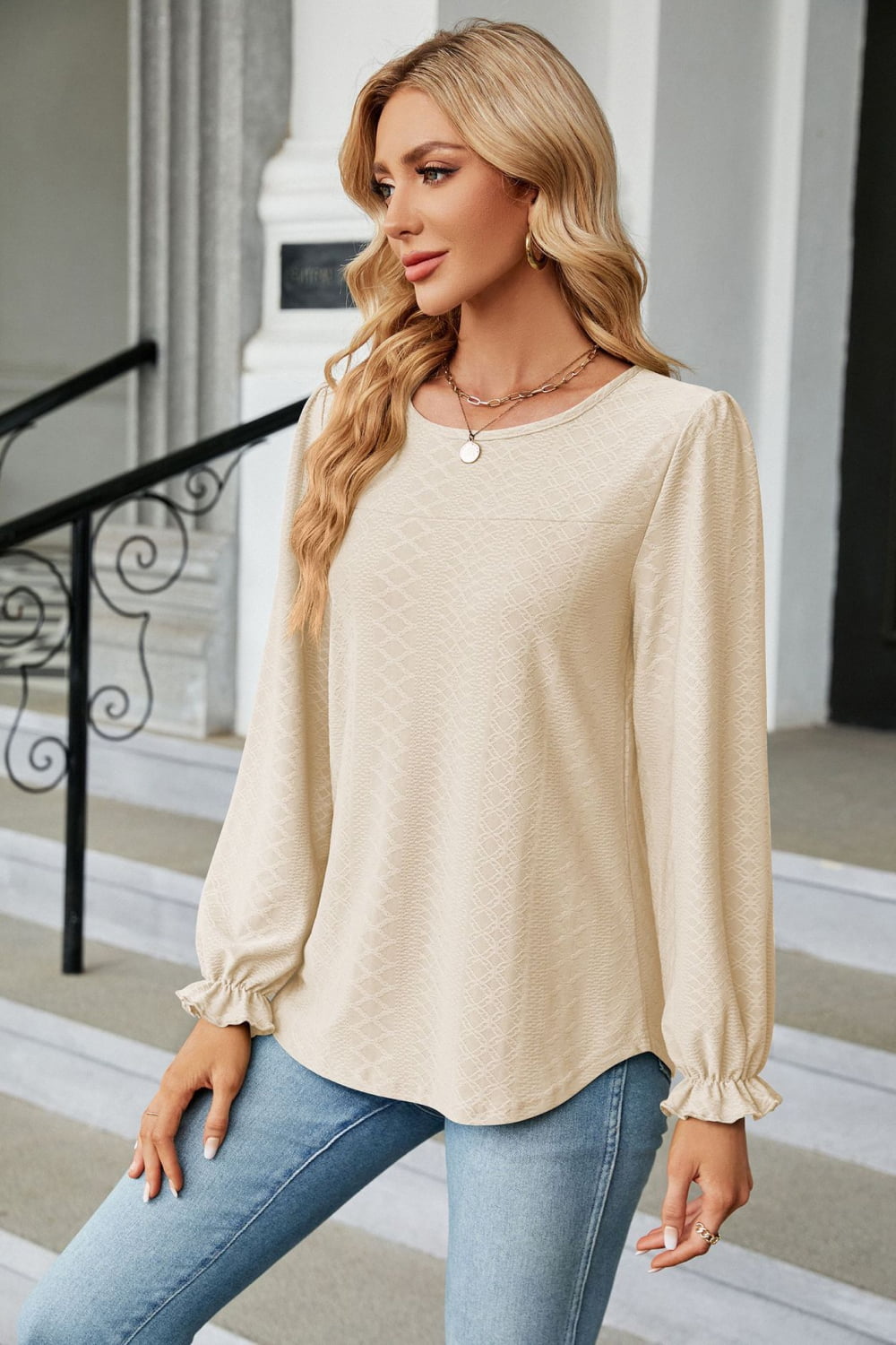 Round Neck Flounce Sleeve Blouse - Classique Collection