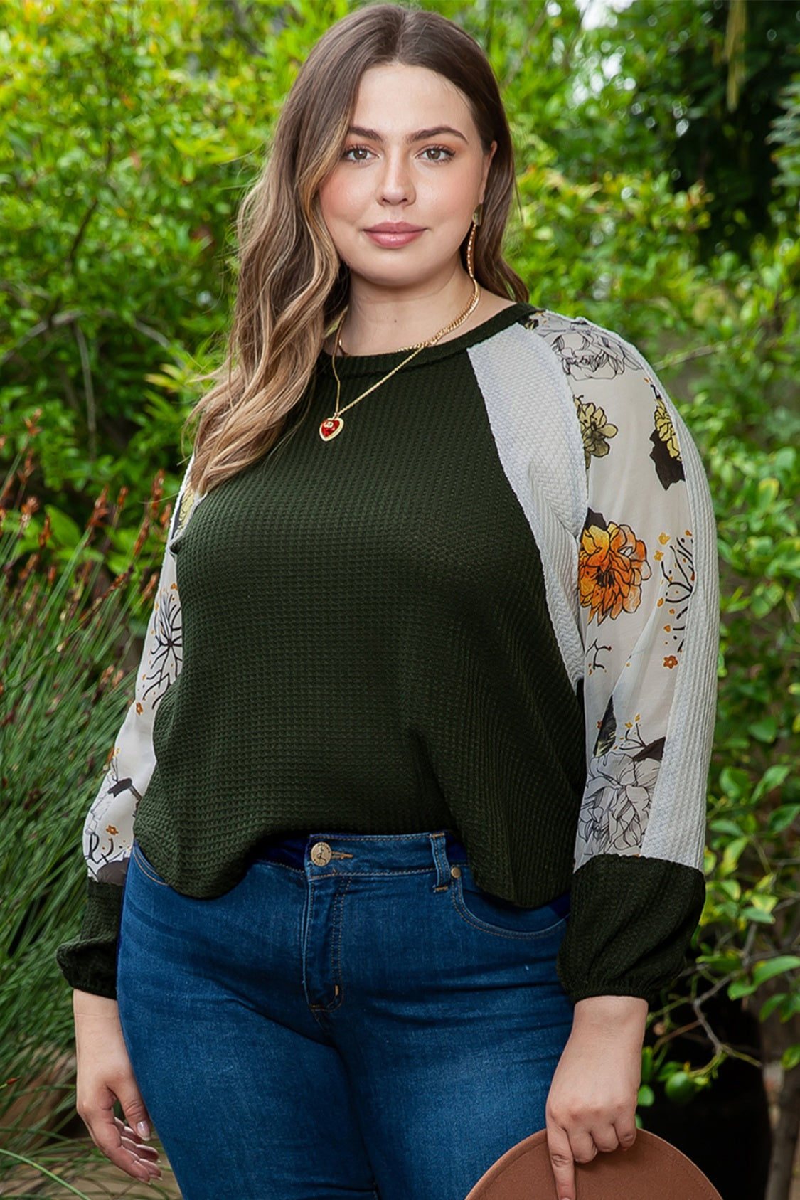 Plus Size Floral Waffle-Knit Round Neck Blouse - Classique Collection