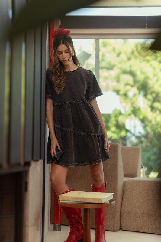Annie Wear Mineral Washed Round Neck Short Sleeve Denim Dress - ClassiQ
