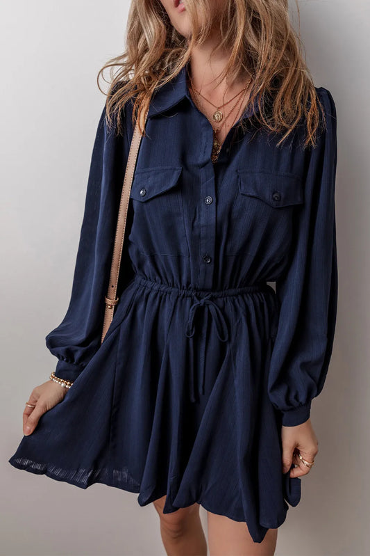Drawstring Half Button Long Sleeve Dress - Classique Collection