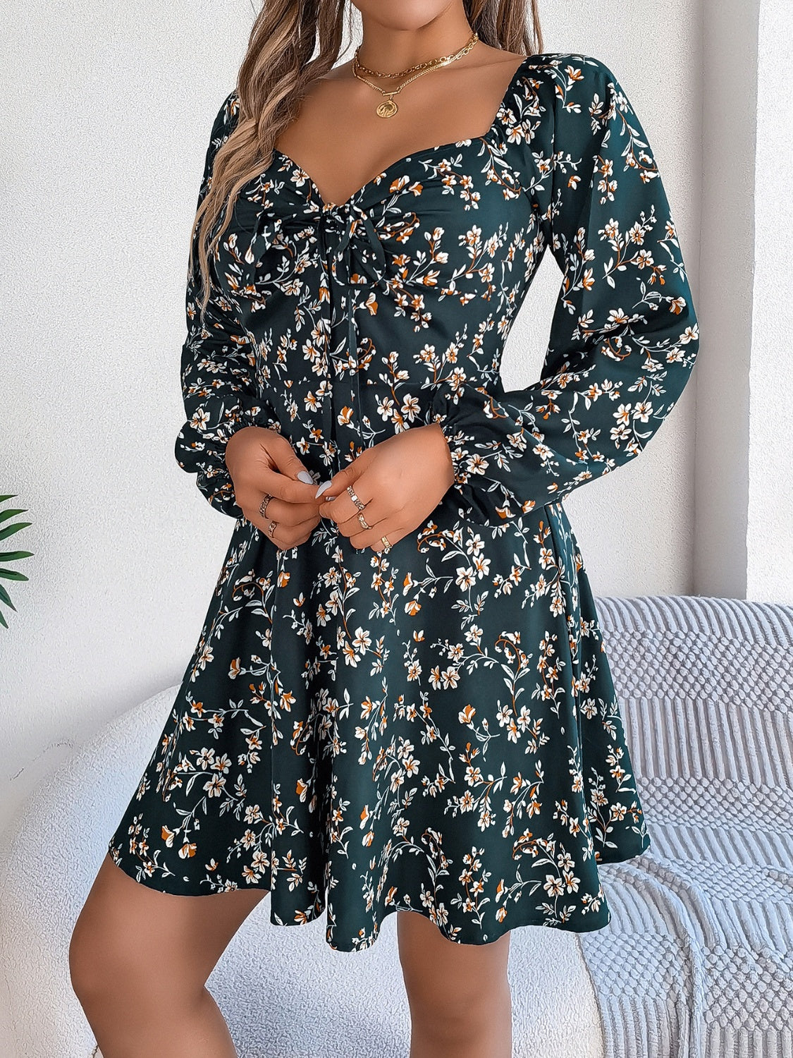 Printed Sweetheart Neck Balloon Sleeve Mini Dress - Classique Collection