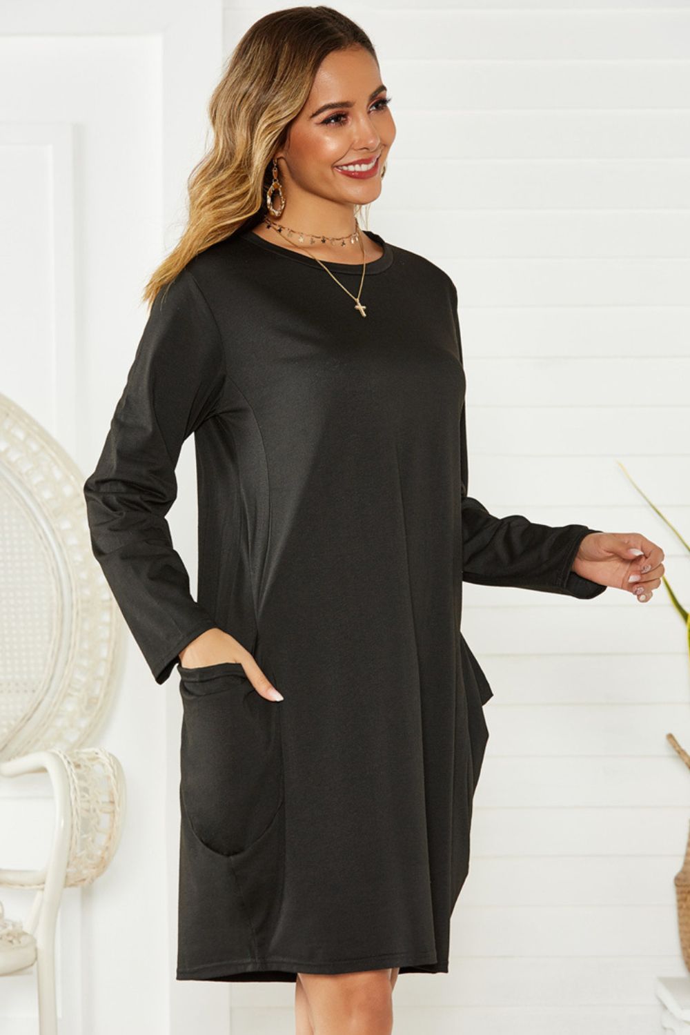 Pocketed Round Neck Long Sleeve Dress - Classique Collection