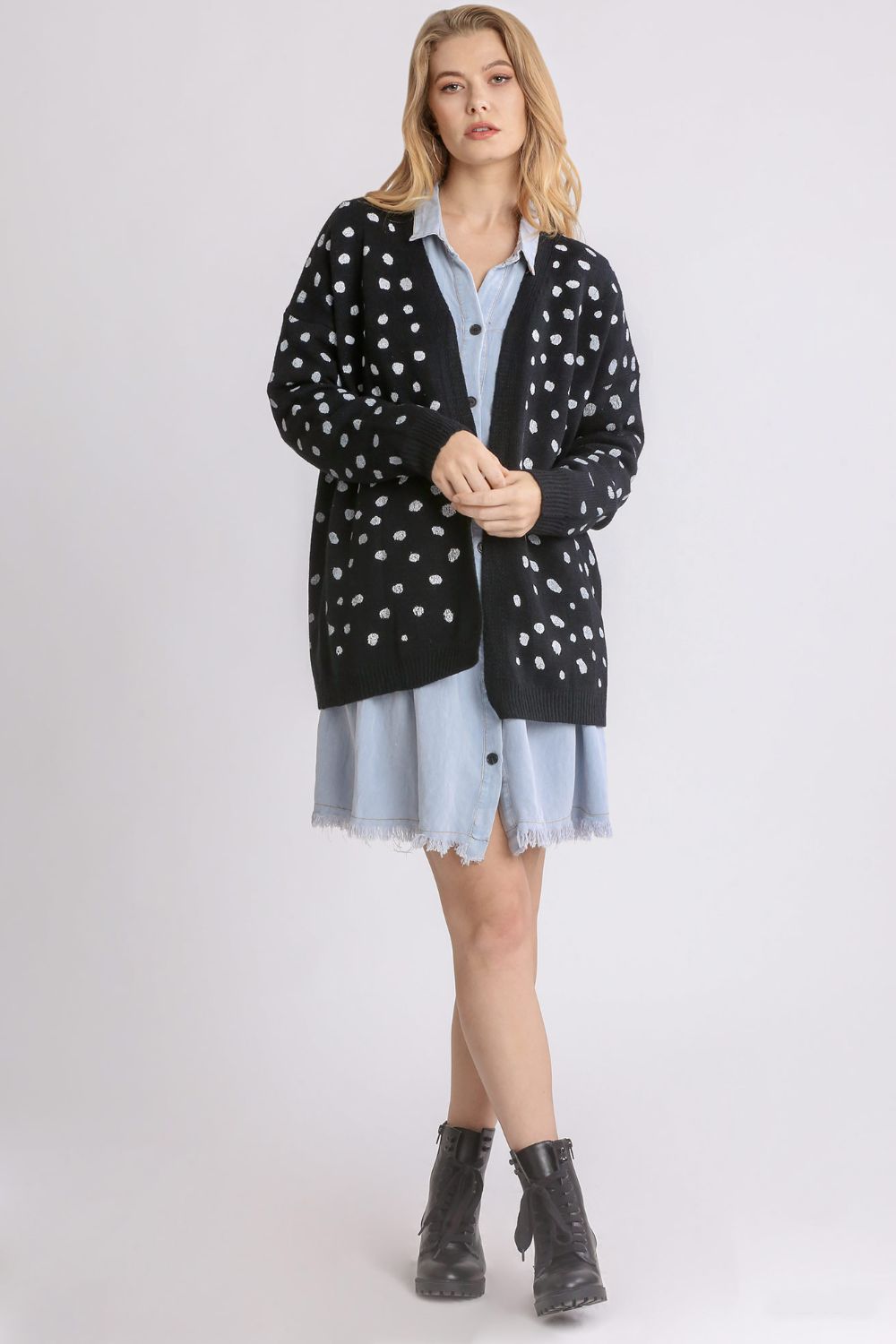 Umgee Polka Dot Open Front Drop Shoulder Cardigan - ClassiQ
