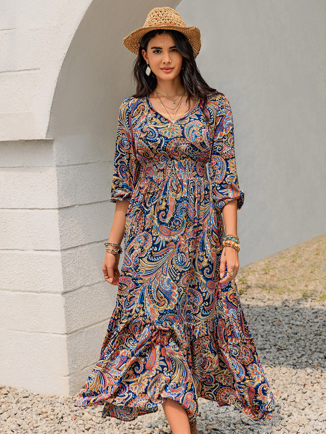 Printed Tie Neck Long Sleeve Midi Dress - Classique Collection
