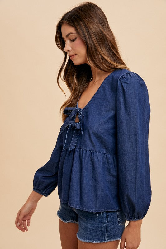 Annie Wear Tie Front Peplum Long Sleeve Denim Top - ClassiQ