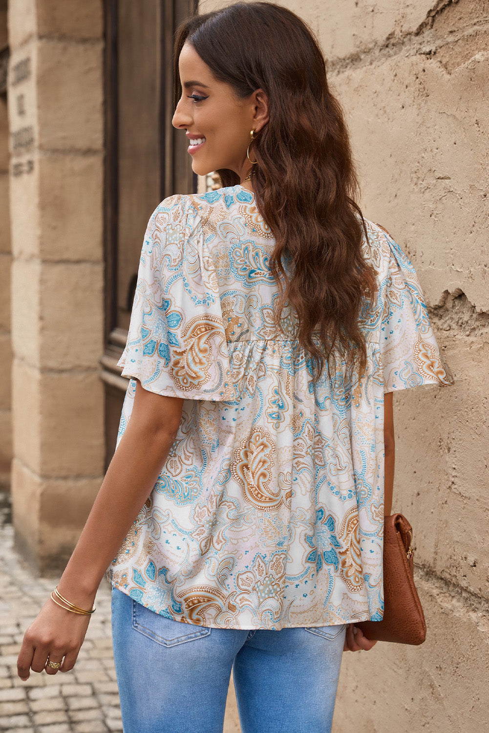Printed Round Neck Short Sleeve Blouse - Classique Collection