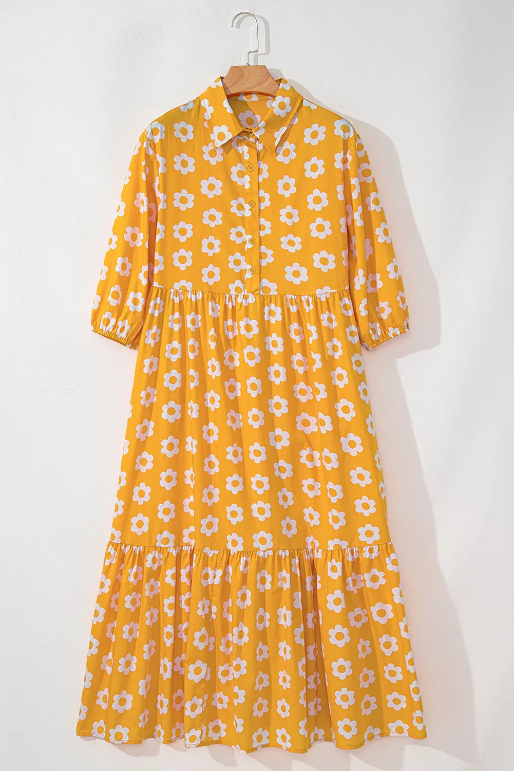 Floral Collared Neck Three-Quarter Sleeve Dress - Classique Collection