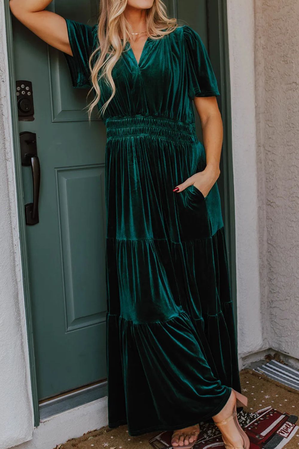 Tiered Notched Short Sleeve Dress with Pockets - Classique Collection