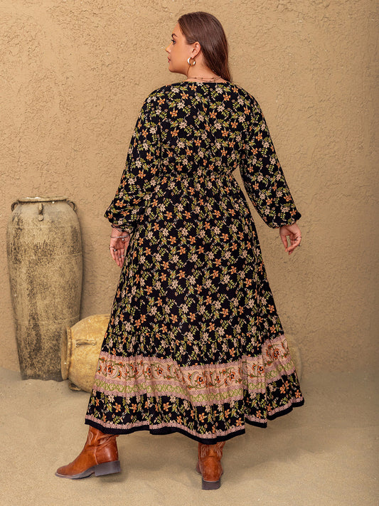Plus Size Floral V-Neck Balloon Sleeve Dress - Classique Collection