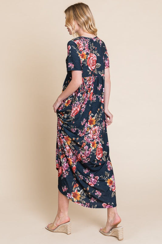 BOMBOM Floral Short Sleeve Maxi Dress - Classique Collection