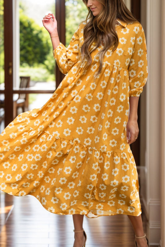 Floral Collared Neck Three-Quarter Sleeve Dress - Classique Collection