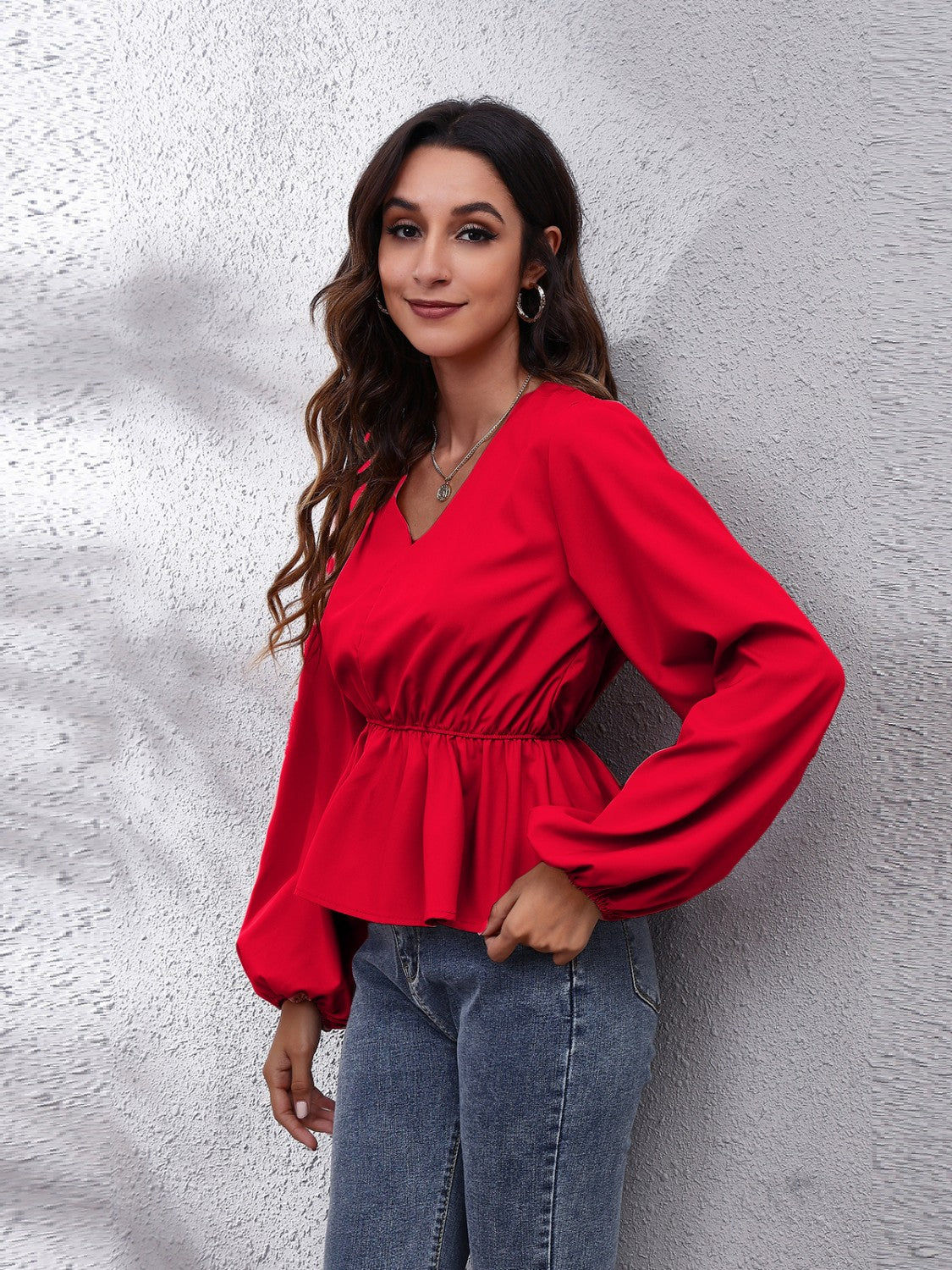V-Neck Balloon Sleeve Peplum Blouse - Classique Collection