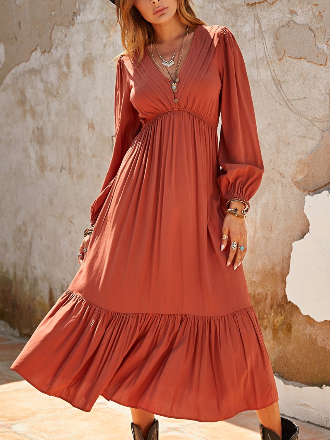 Ruched V-Neck Long Sleeve Midi Dress - Classique Collection