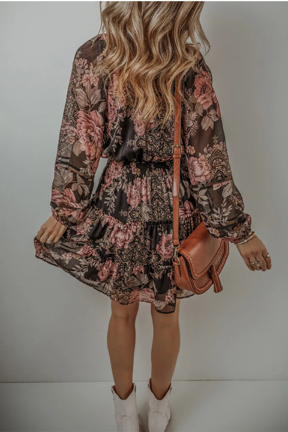 Printed Tie Neck Long Sleeve Mini Dress - Classique Collection