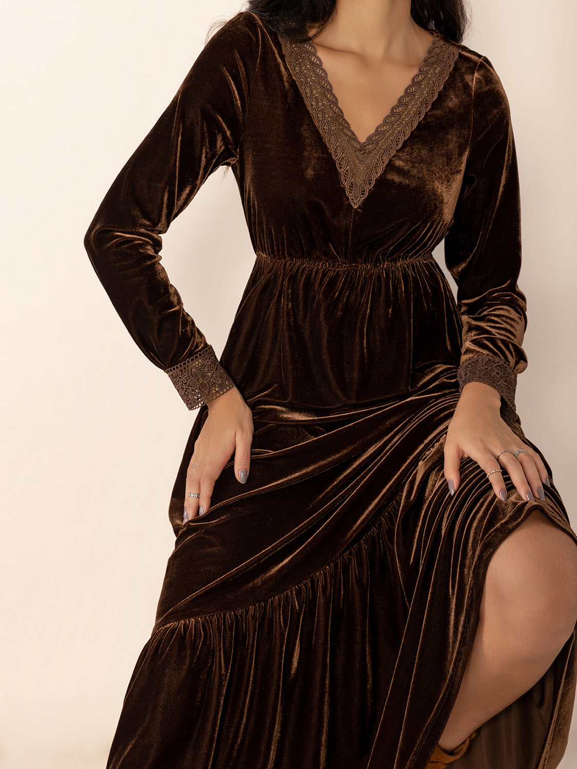 Lace Detail V-Neck Long Sleeve Maxi Dress - Classique Collection