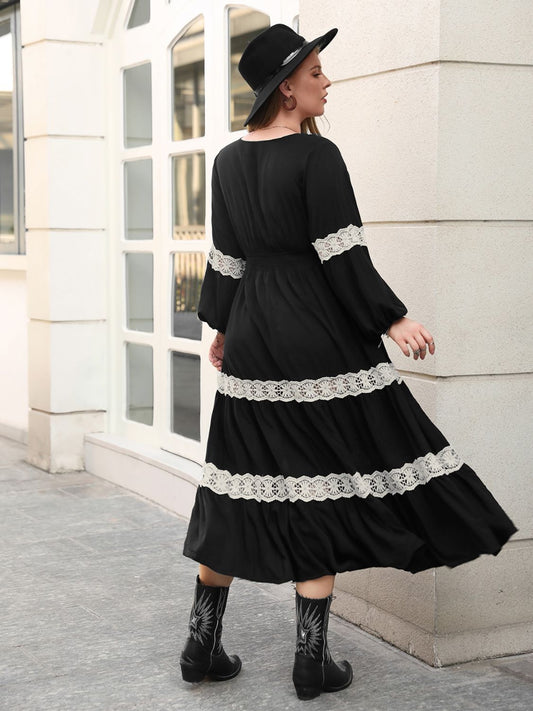 Plus Size Lace Detail V-Neck Long Sleeve Midi Dress - Classique Collection